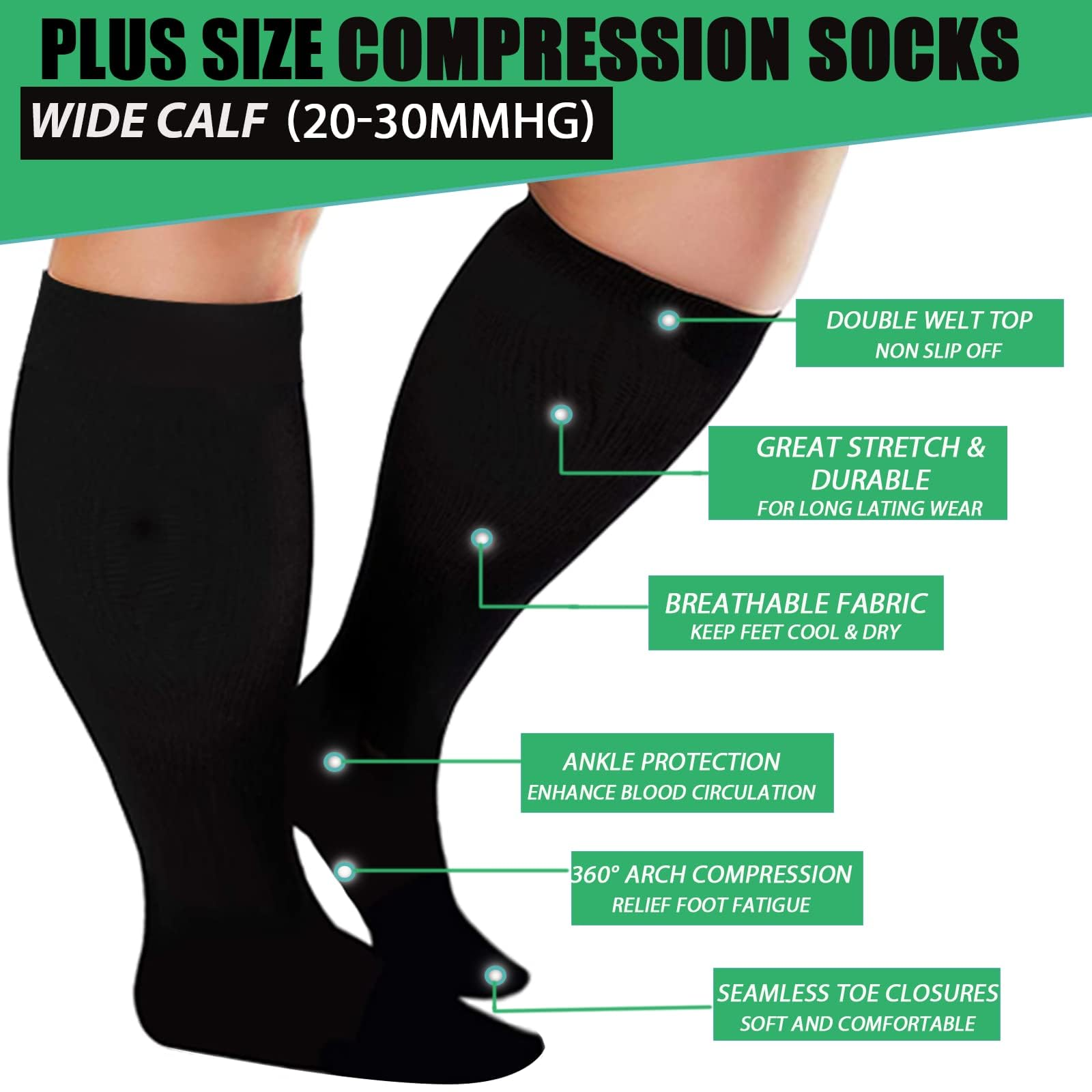 3 Pairs Plus Size Compression Socks – Solid
