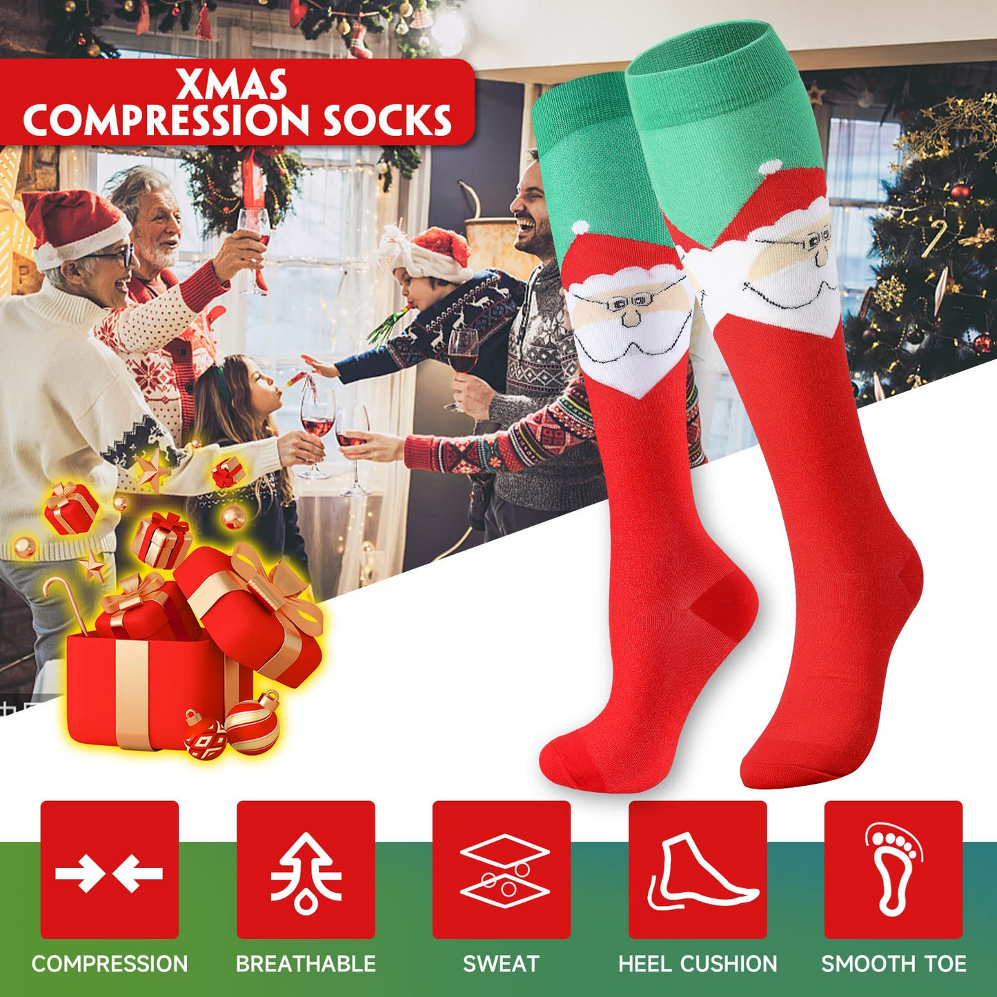6 Pairs Compression Socks – Christmas