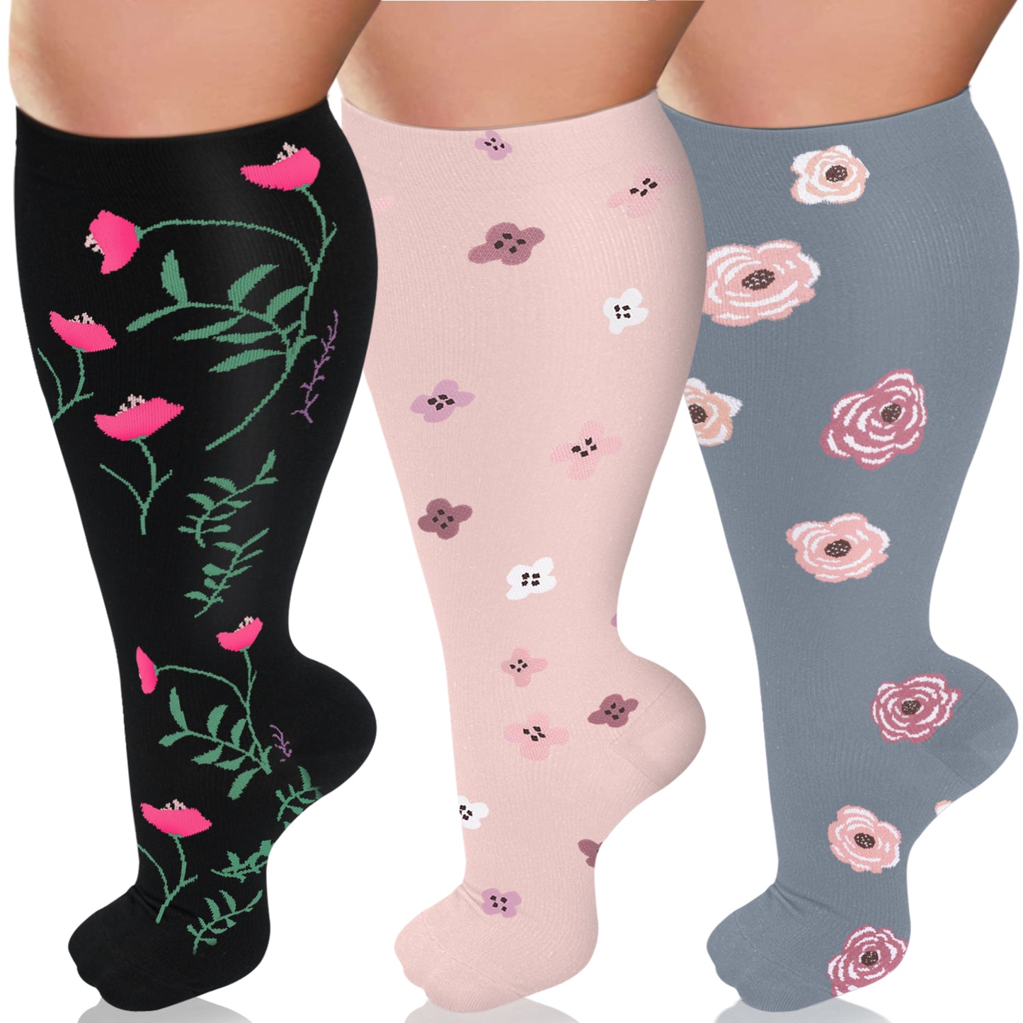 3 Pairs Plus Size Compression Socks – Flowers