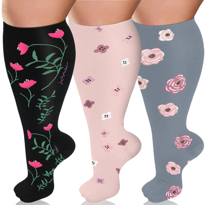 3 Pairs Plus Size Compression Socks – Flowers