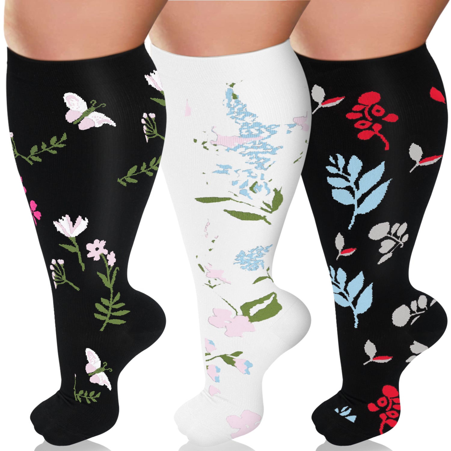 3 Pairs Plus Size Compression Socks – Flowers