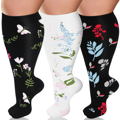 3 Pairs Plus Size Compression Socks – Flowers