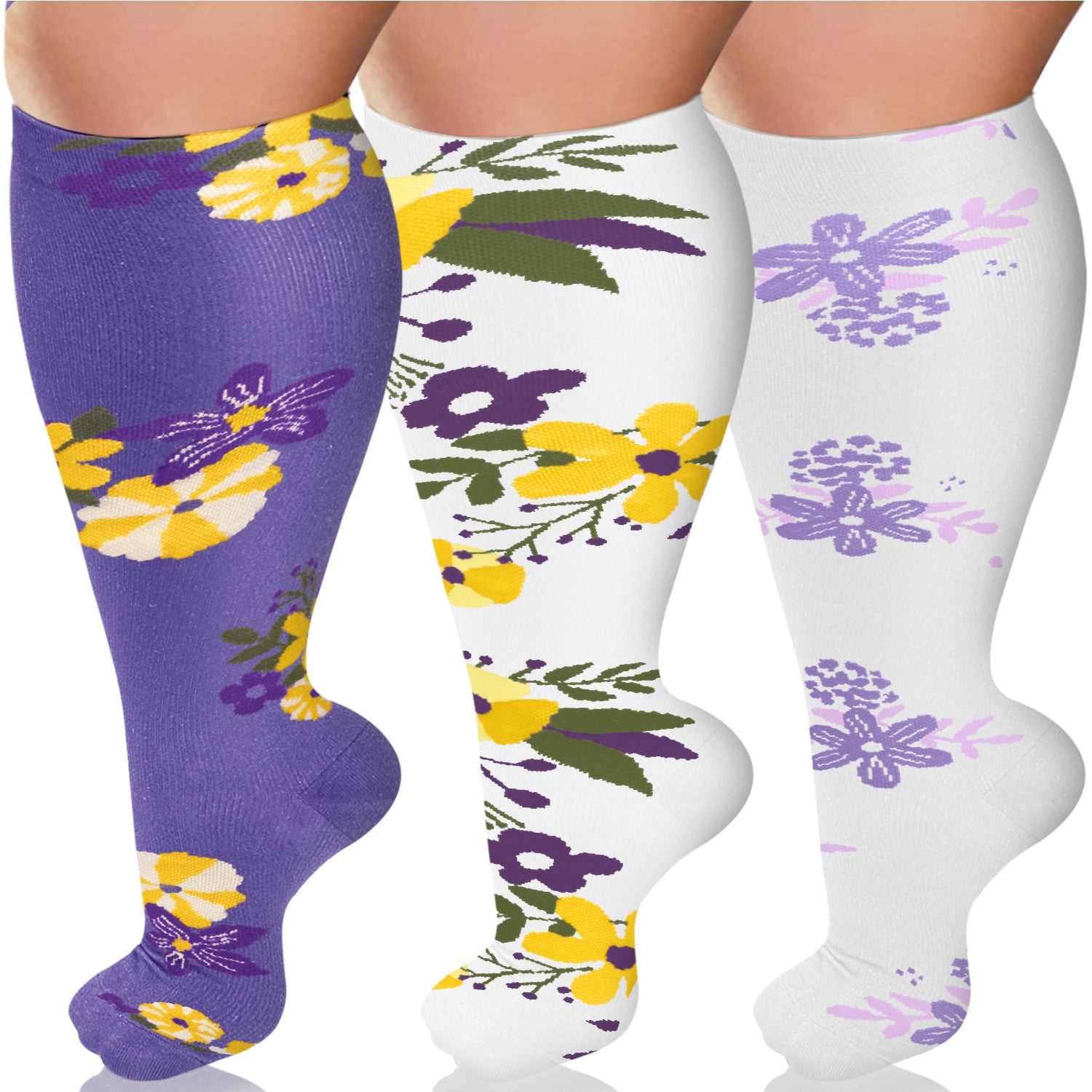 3 Pairs Plus Size Compression Socks – Flowers