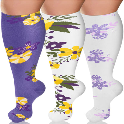 3 Pairs Plus Size Compression Socks – Flowers