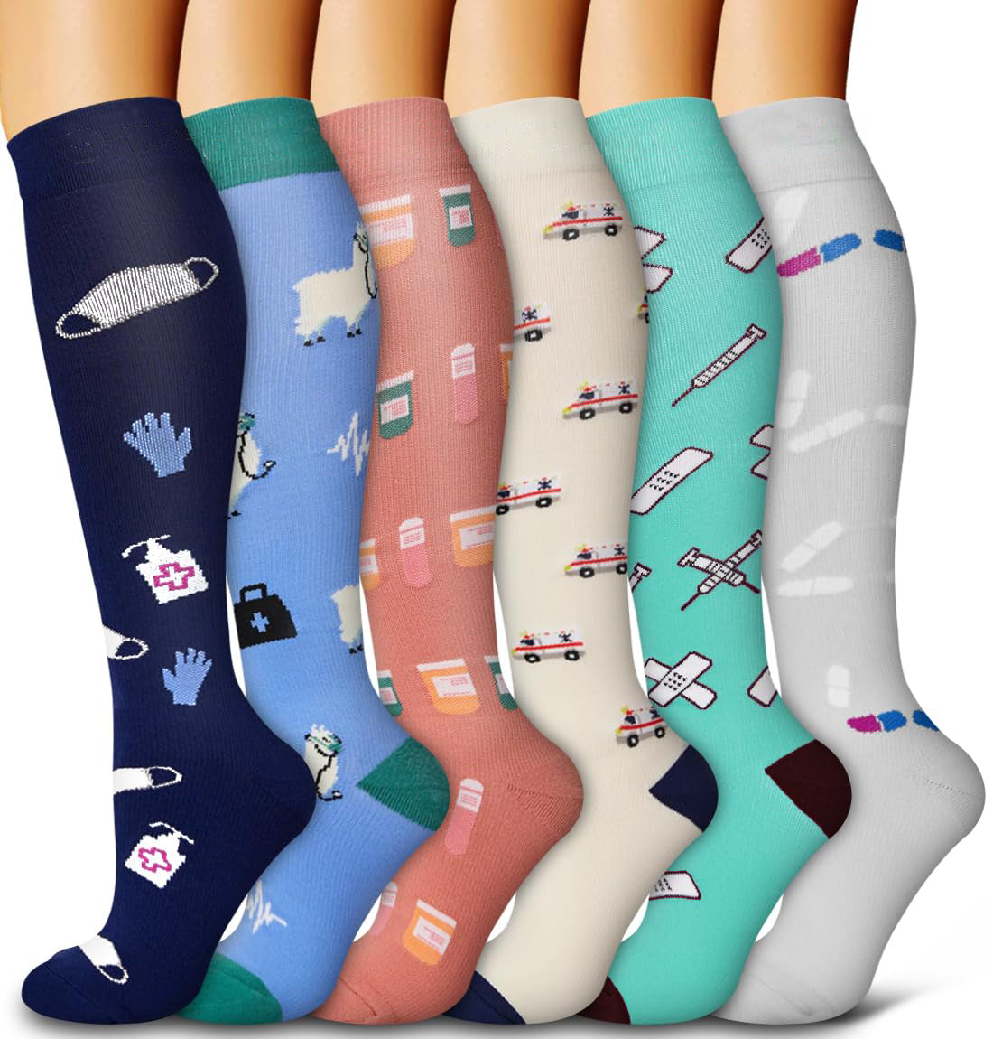 6 Pairs Compression Socks – Nurse Theme