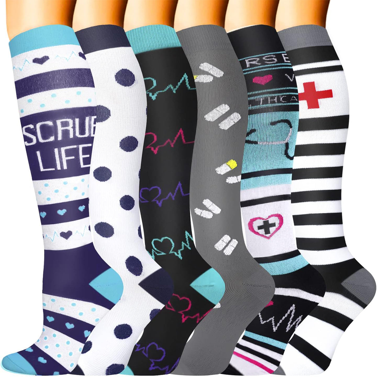 6 Pairs Compression Socks – Nurse Theme