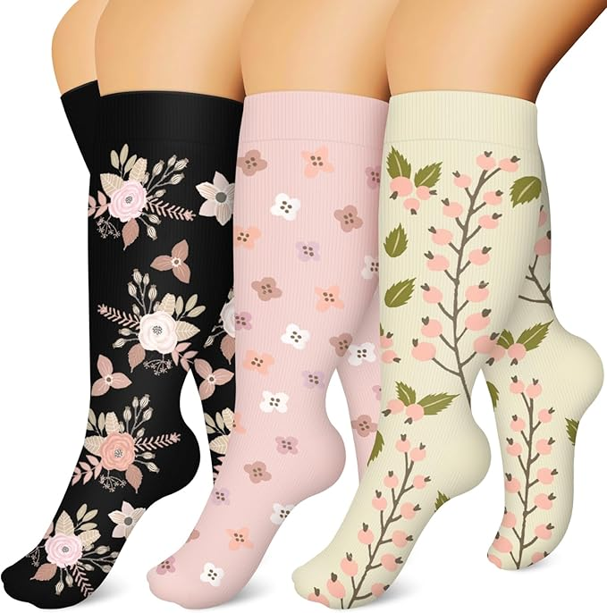 3 Pairs Plus Size Compression Socks – Flowers