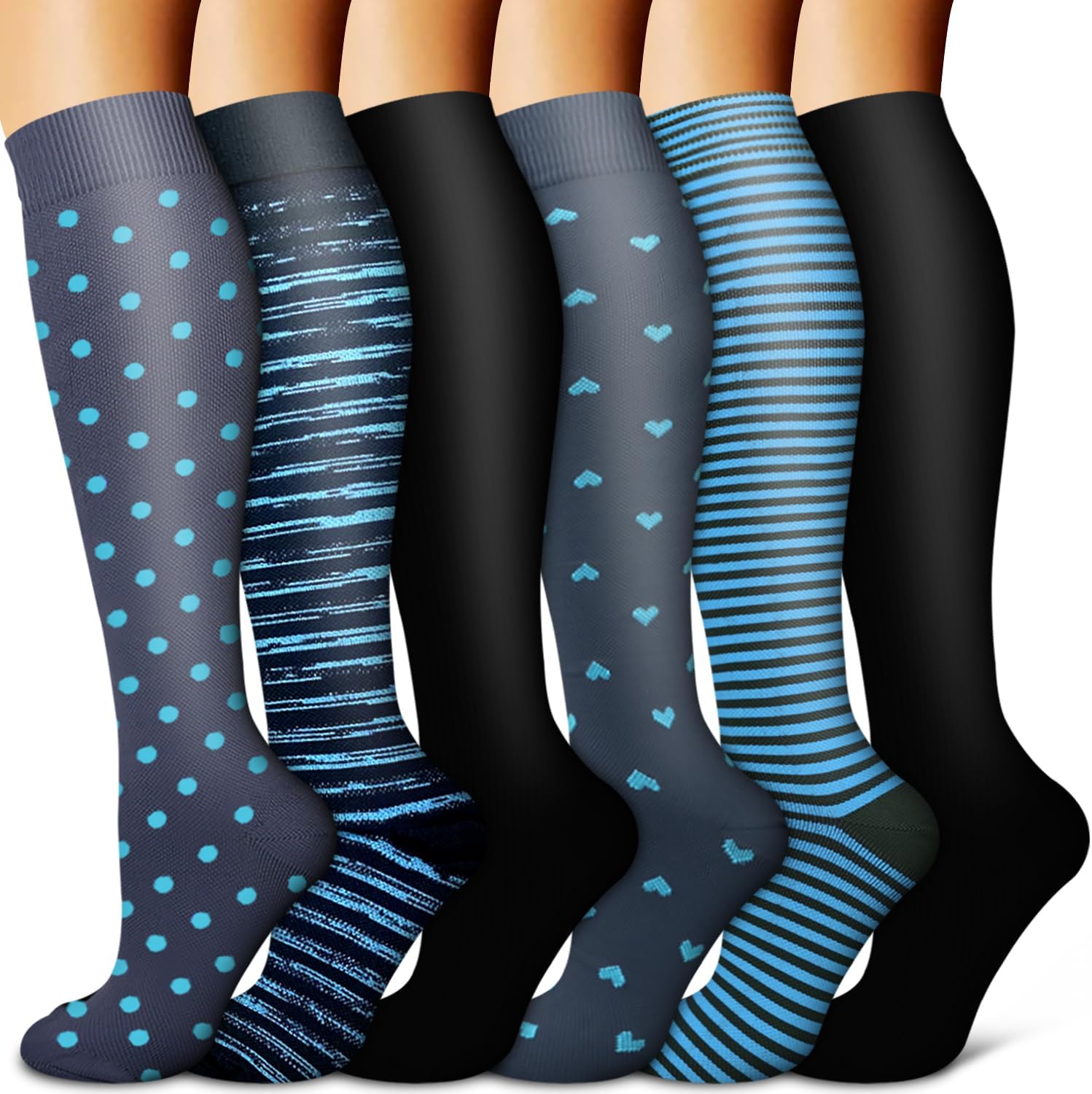 6 Pairs Compression Socks – Striped & Dots