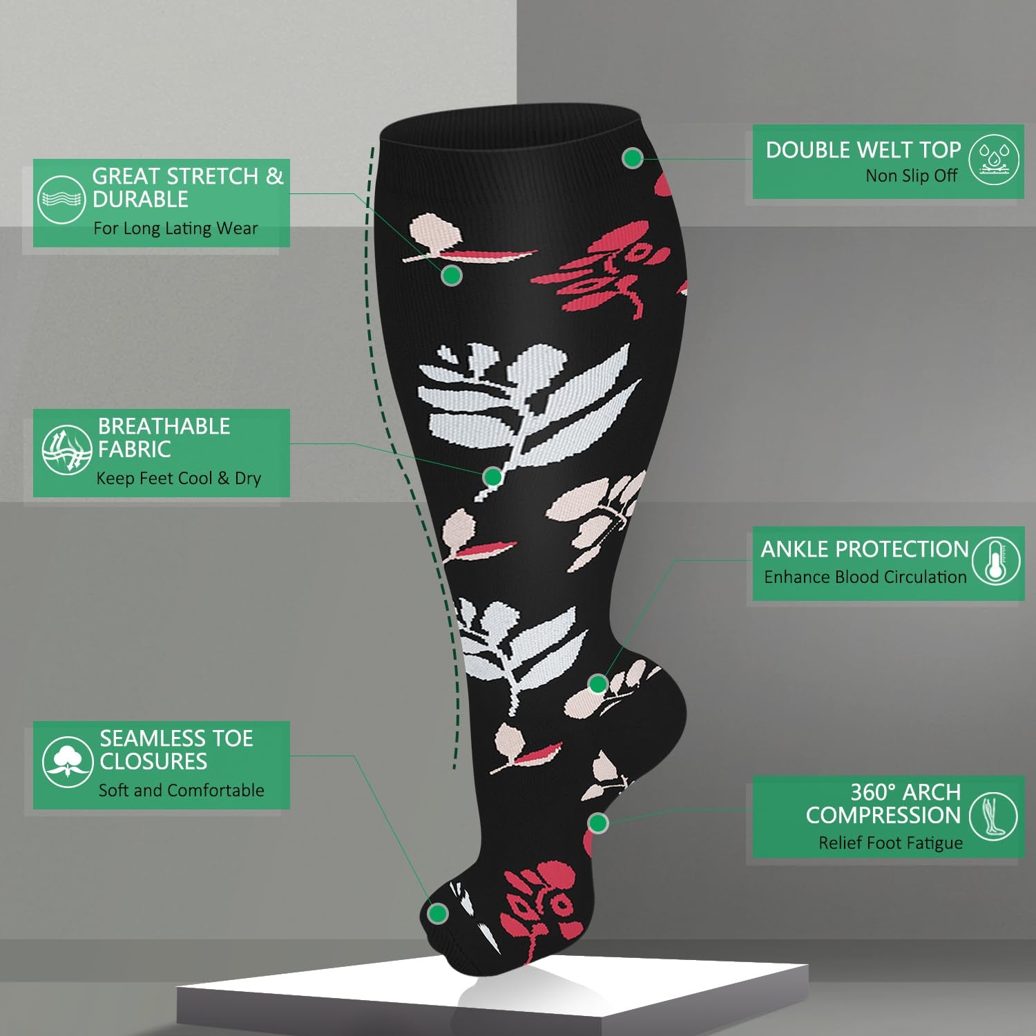 3 Pairs Plus Size Compression Socks – Flowers